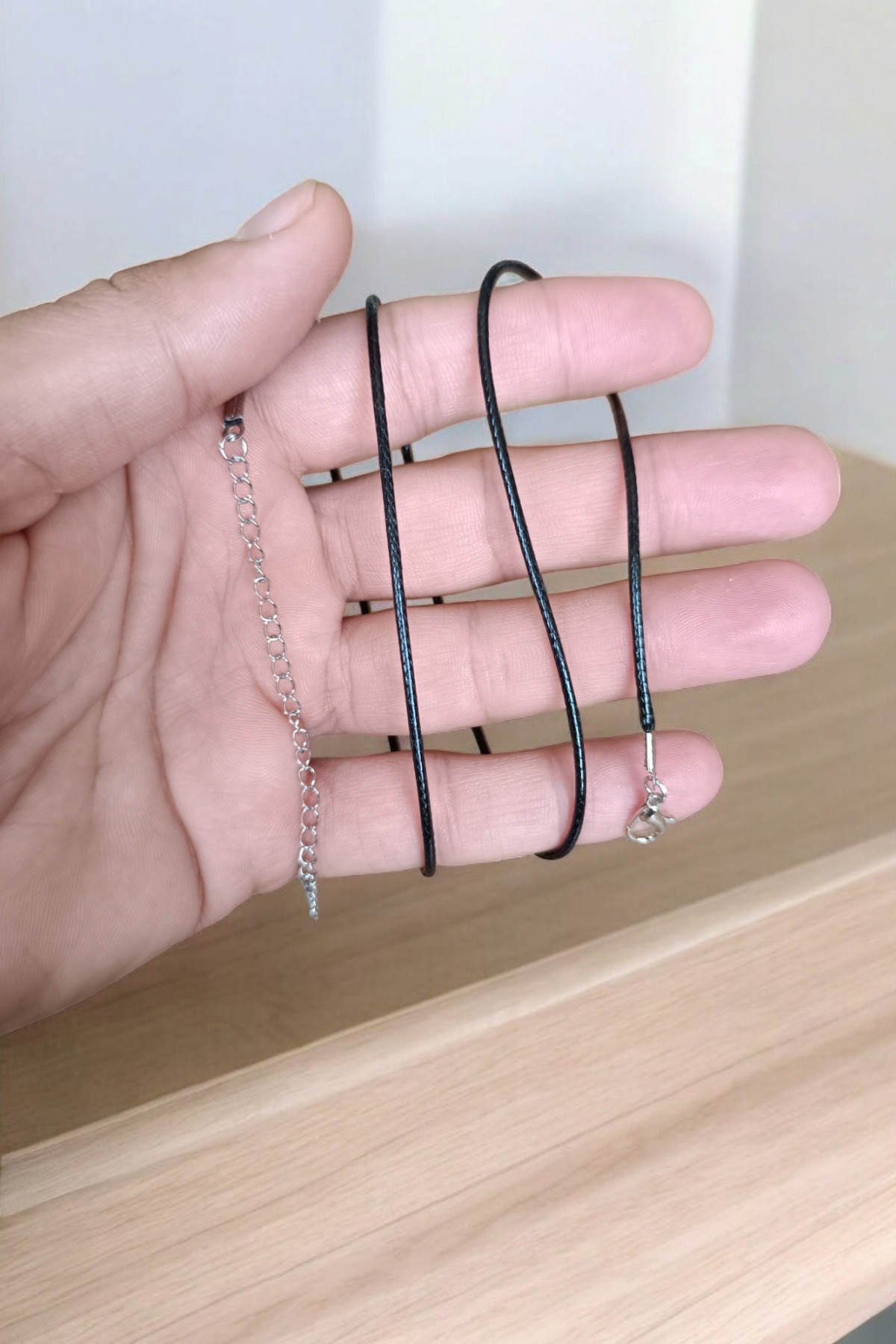 Siyah Renk 56 Cm Deri Kauçuk Görünümlü Deri İp Kolye Çelik Zincir Uzatmalı Kolye 3 adet 3