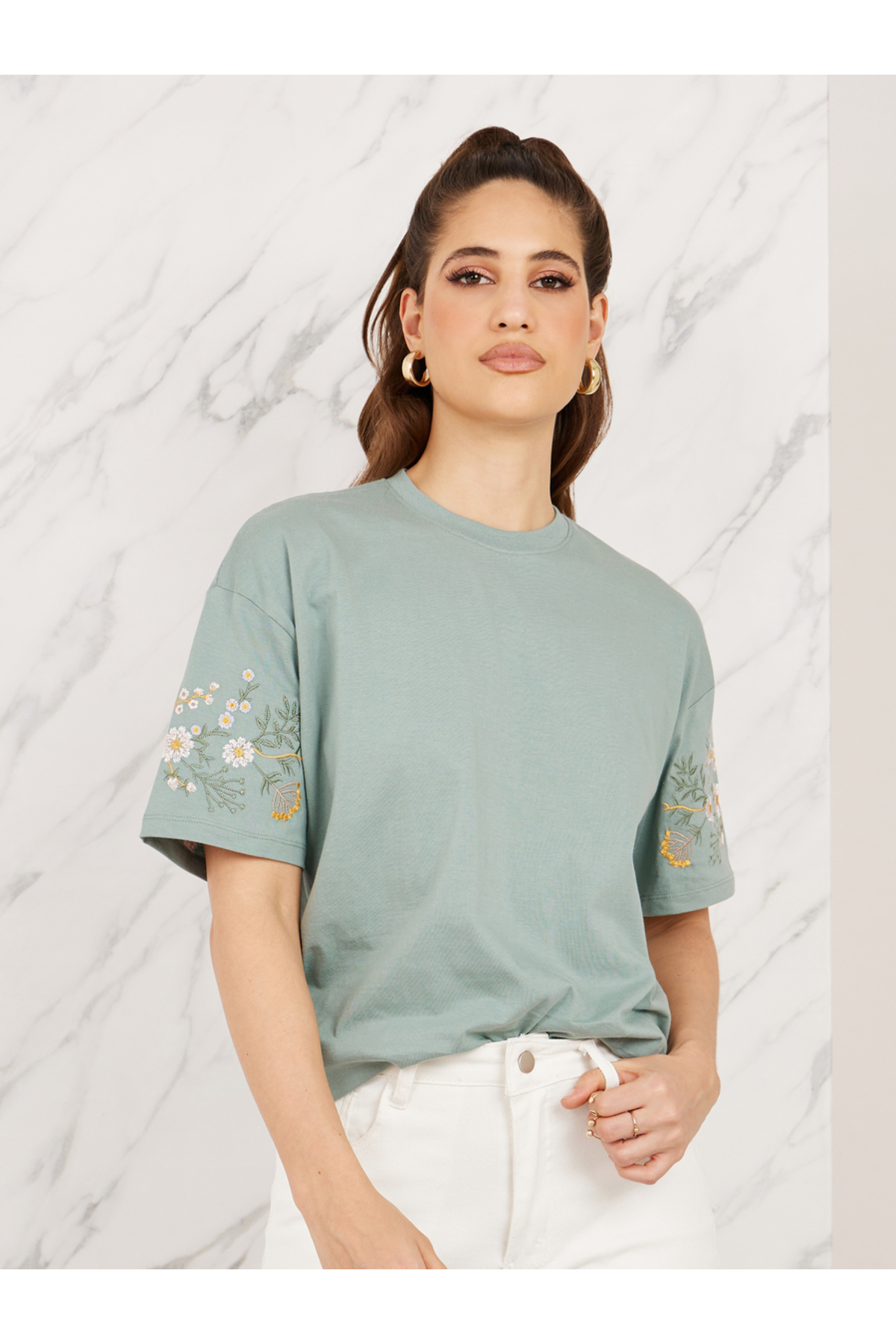 Styli Oversized Embroidered Longline T-shirt