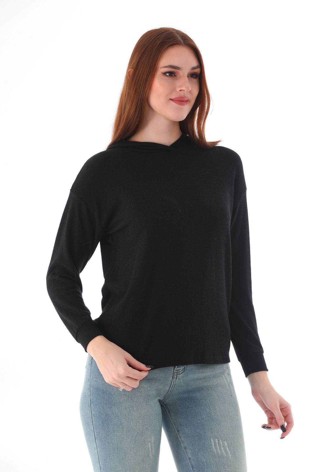 MEGHAN L.A-Bluză neagră cu glugă din material moale elastic 3
