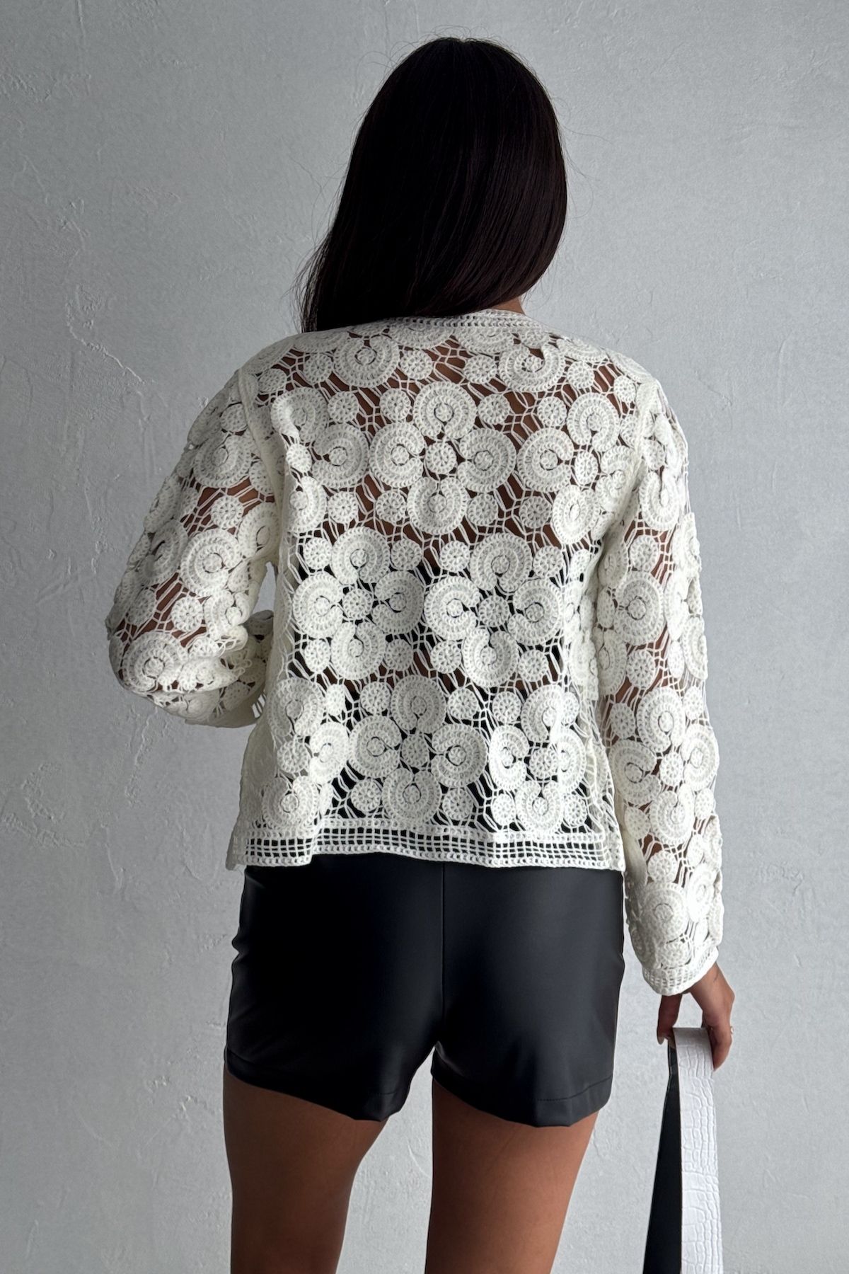 FEMELLE-Weiße Spitzenjacke – Damen, Standardgröße, gehäkelt mit Knöpfen 4