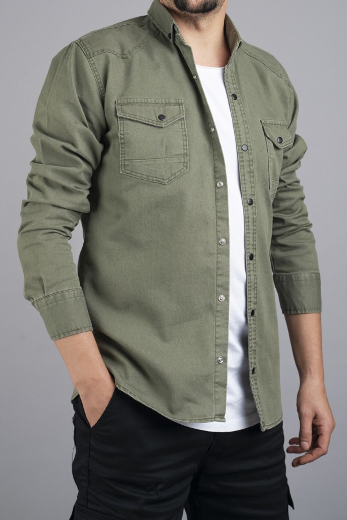 bombe-Zöld Slim Fit férfi pamut farmer ing 3