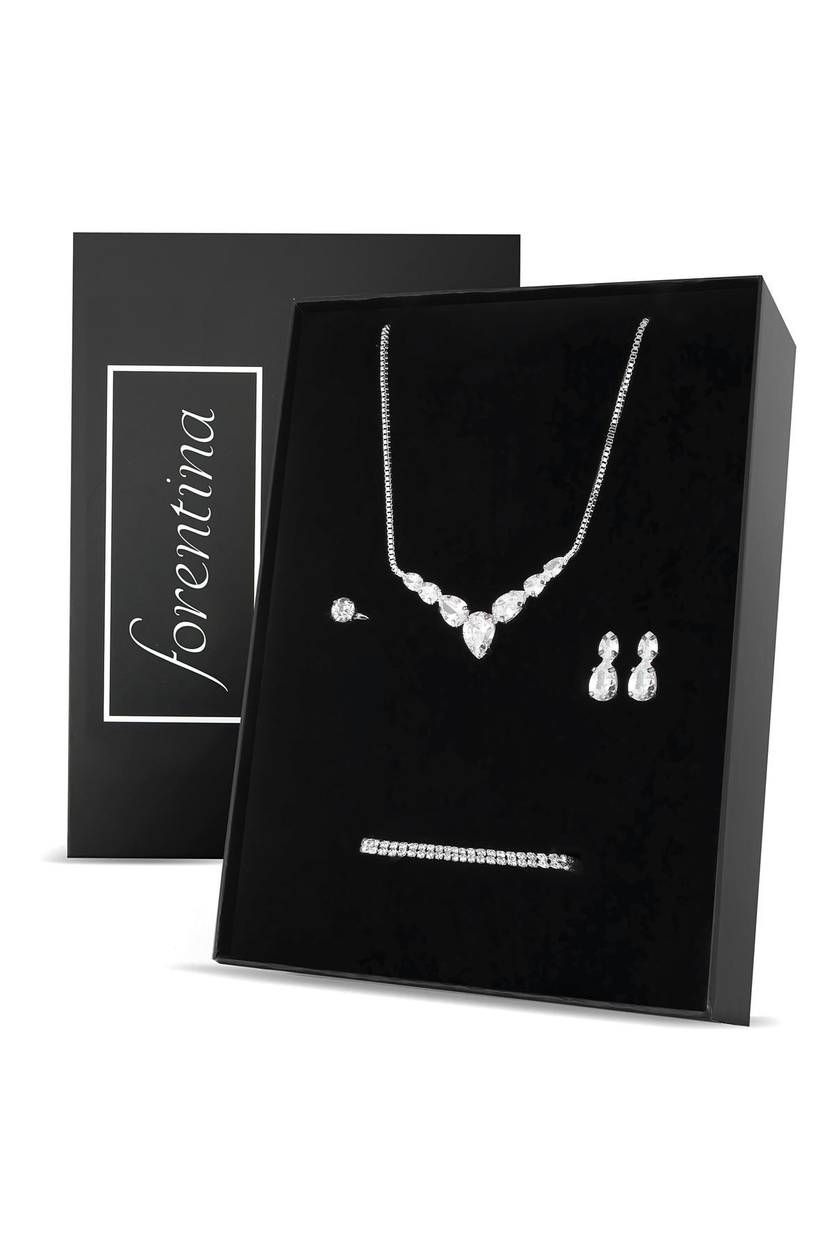 Forentina Gümüş Kaplama Taşlı Kolye Küpe Bileklik Yüzük Düğün Seti PS3712