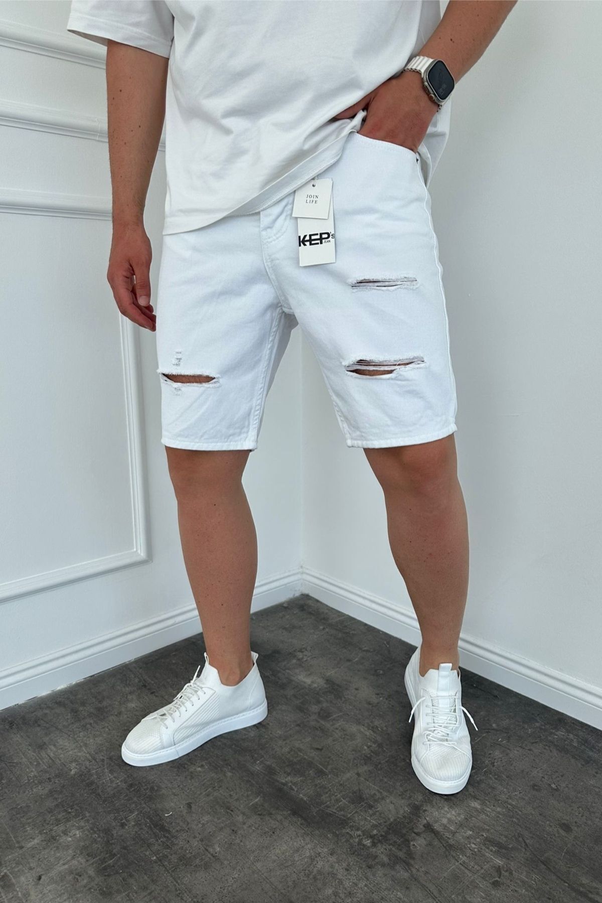 Men's Torn Detailed White Jean Denim Shorts