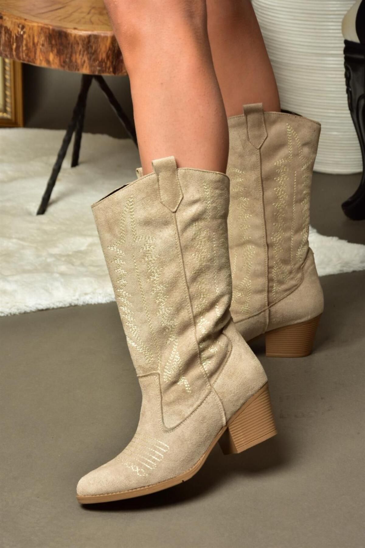 چکمه نود زنانه بوت مدل کابوی بژ جیر R973934002 Fox Shoes