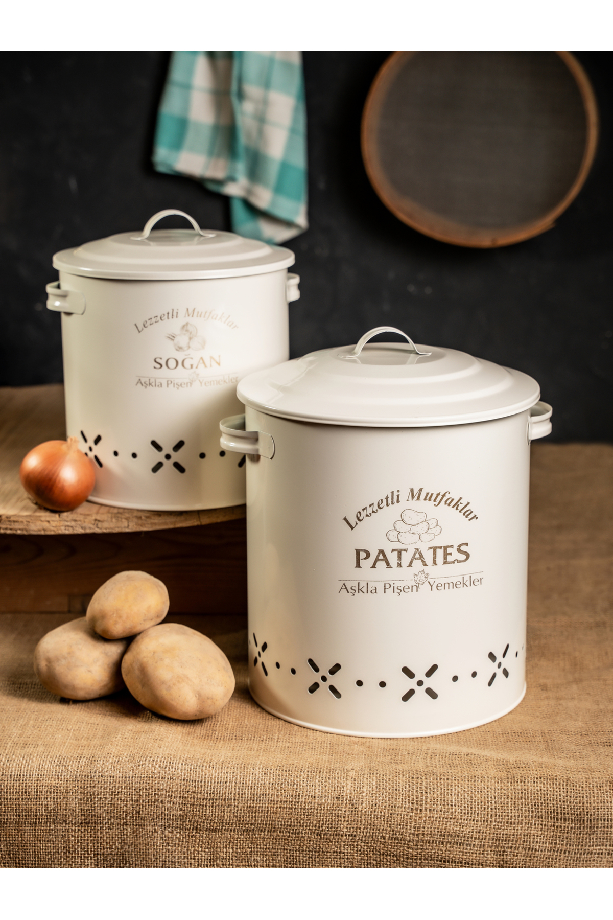 linmetal Lüx Metal Patates Soğanlık Kovası Sebze Saklama Kabı Krem