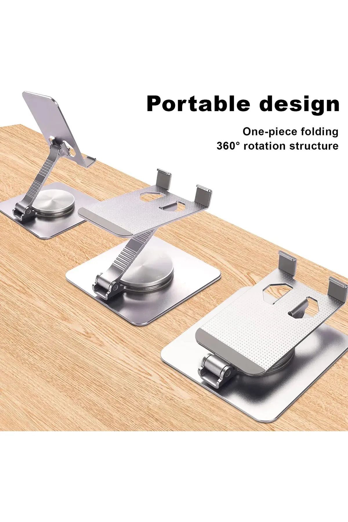 Alüminyum Alaşım Metal 360 Derece Dönebilen Ayarlanabilir Katlanır Masa Üstü Telefon & Tablet Standı 8