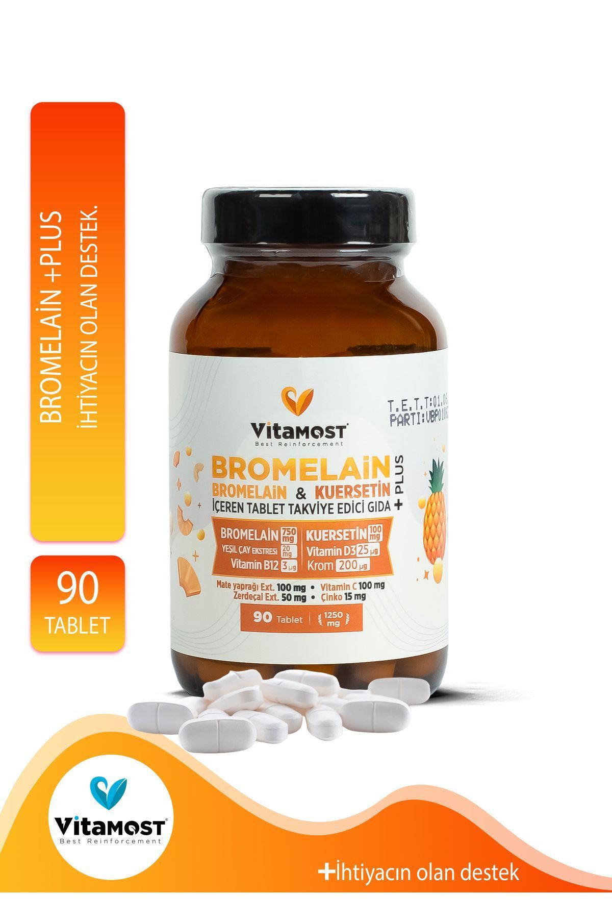 Vitamost Bromelain Ananas 750mg & Kuersetin 100mg (VİTAMİN D3, B12) Plus 90 Tablet 1250 Mg