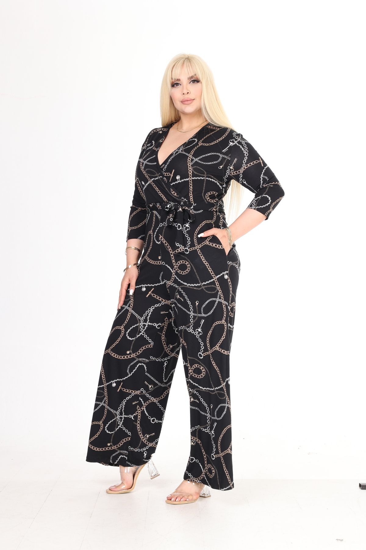 MJORA-Plus Size Chain Patterned DouBle-Breasted Collar Jumpsuit 6