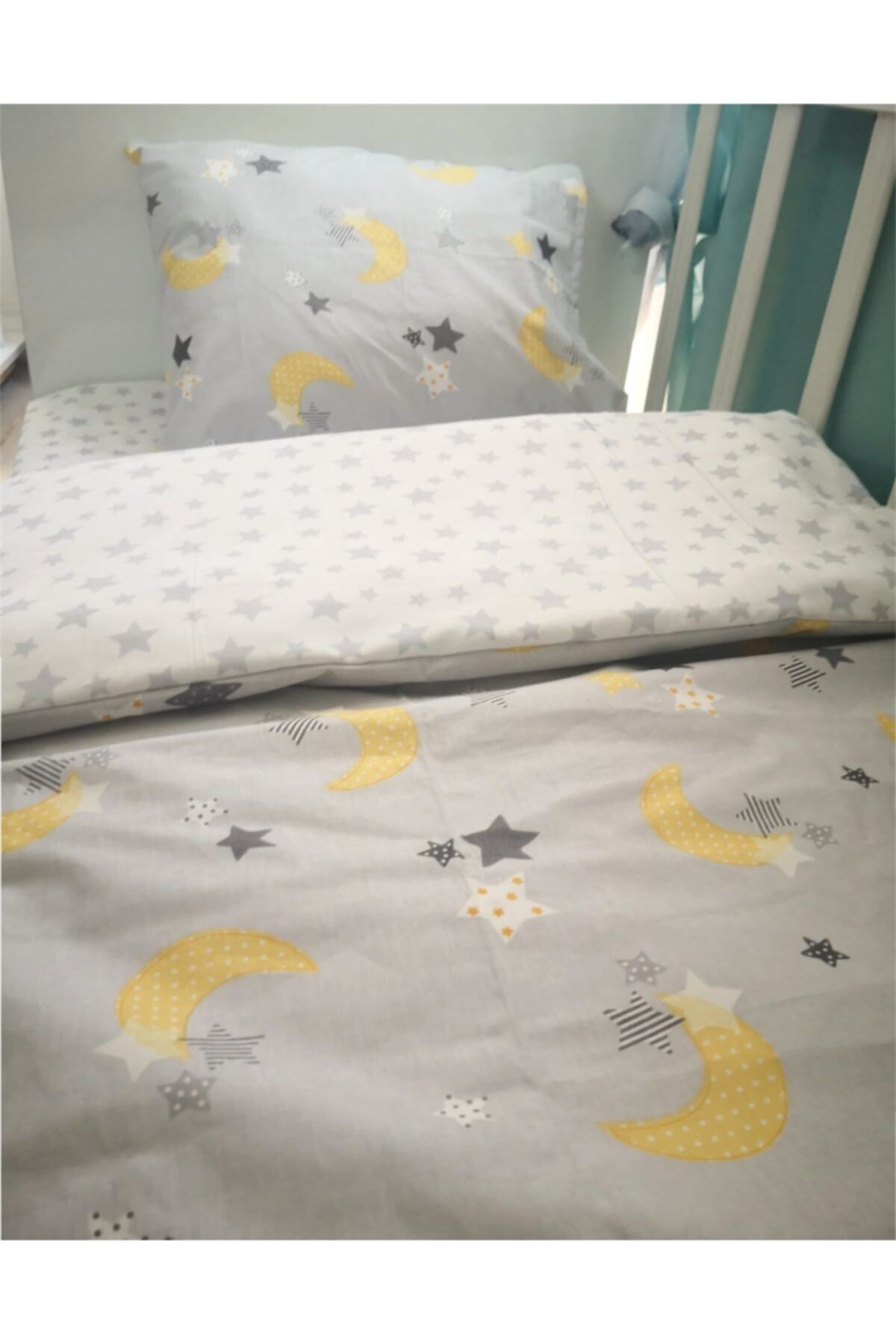 Bebek Özel %100 Pamuklu Bebek/çocuk Yastık Çarşaf Yorgan Seti Gri Ay Yıldızlı 60x120 fotoğrafı 3 (önizleme)