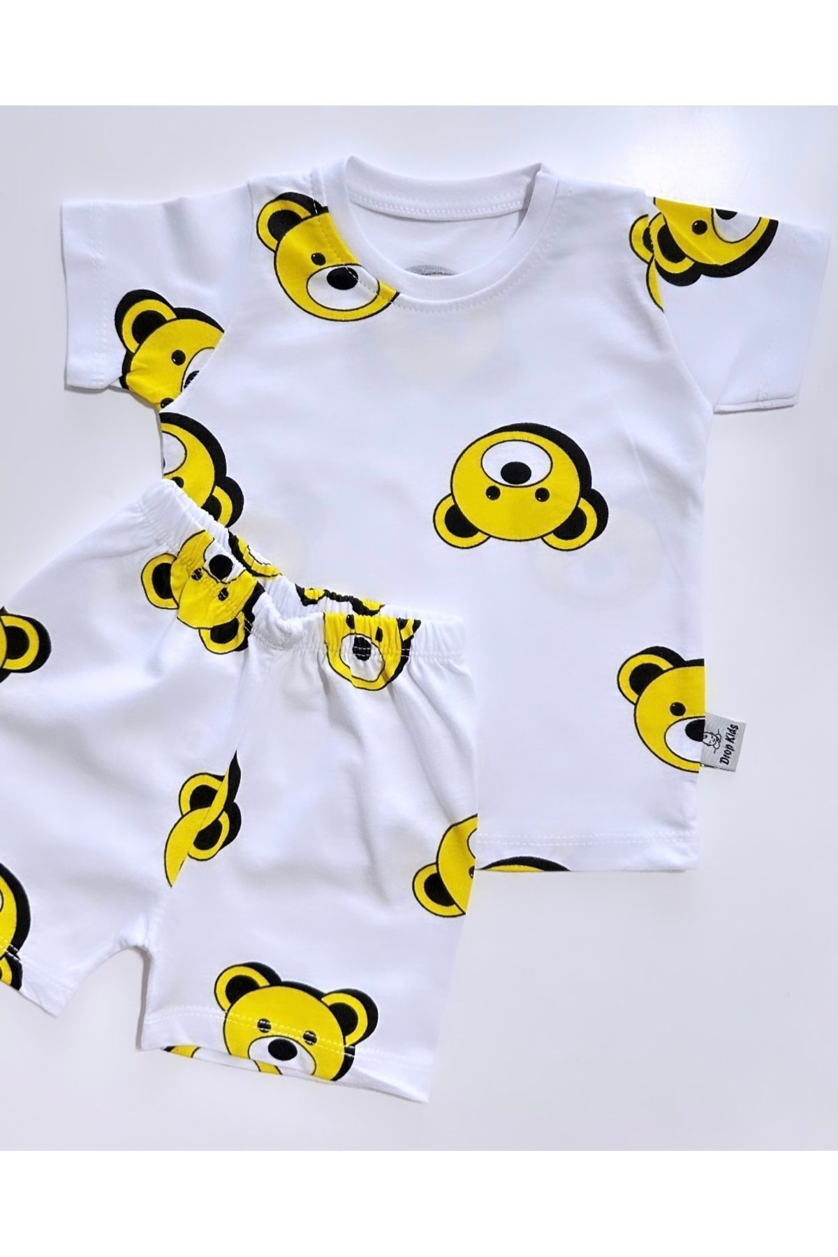Drop Kids Bebek Pijama Takımı Kısakol Şort Sarı Ayıcık Desen %100 Pamuk Yenidoğam fotoğrafı 2 (önizleme)