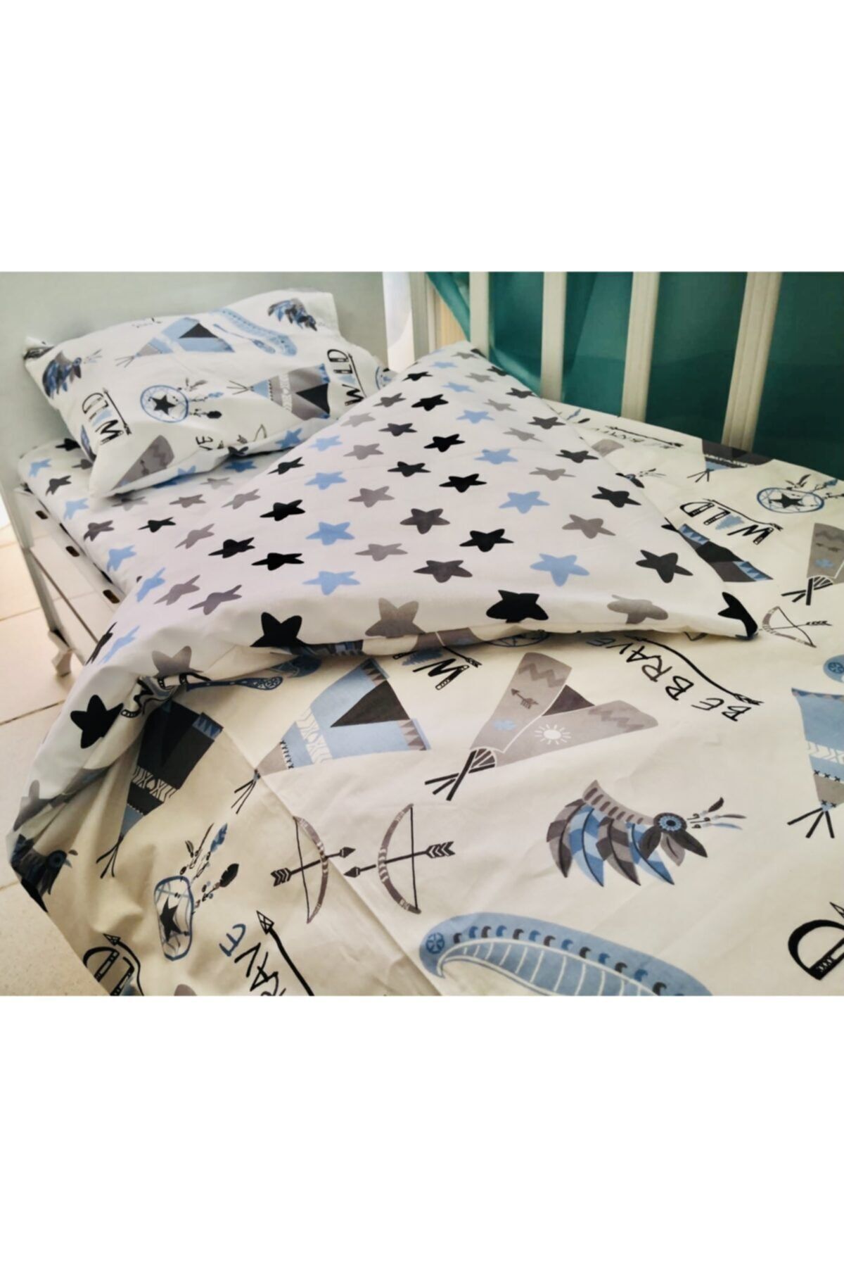 Bebek Özel %100 Pamuklu Çocuk 90x190 Montessori Yastık Çarşaf Yorgan Seti Mavi Kamp Çadır Desenli (Yorganlı) fotoğrafı 3 (önizleme)