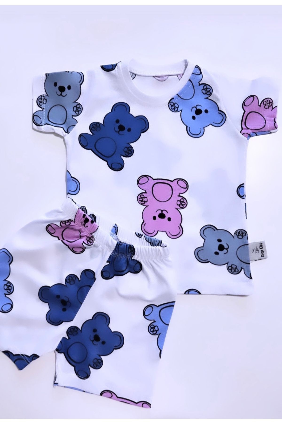 Drop Kids Bebek Pijama Takımı Kısakol Şort Pembe Renkli Ayıcık Desen %100 Pamuk fotoğrafı 2 (önizleme)