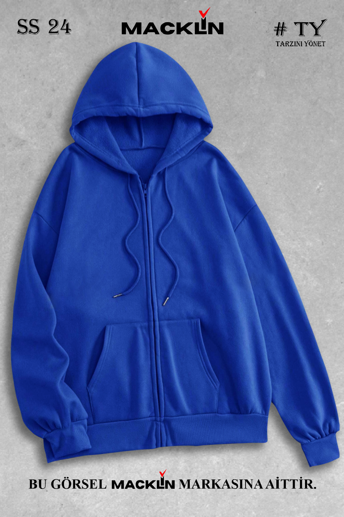 Unisex Kadın Erkek Basic Kapüşonlu Fermuarlı Hırka Ceket — آبی macklinbasichırka