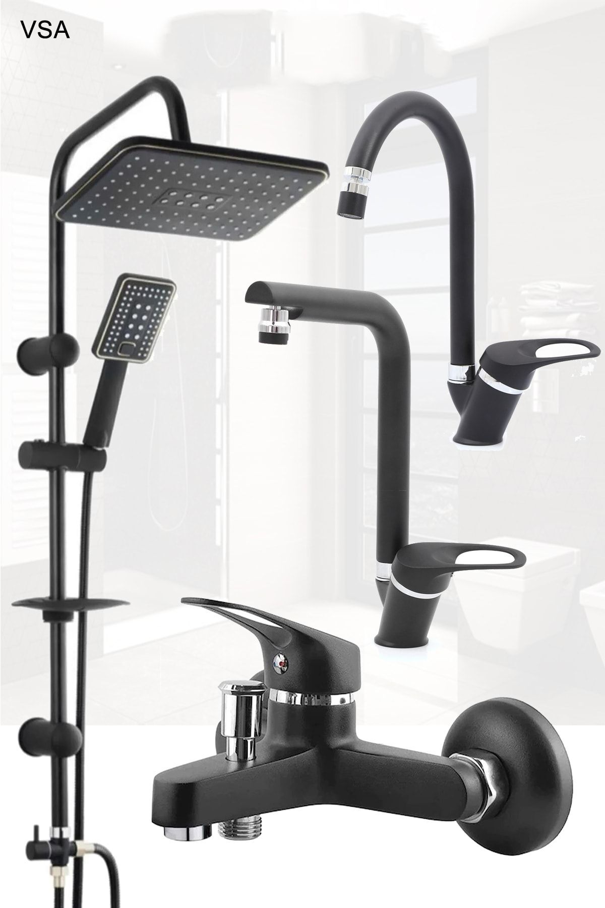 VSA Mat Delta Siyah Robot Yağmurlama Tepe Duş Seti Banyo Lavabo Evye Batarya Seti