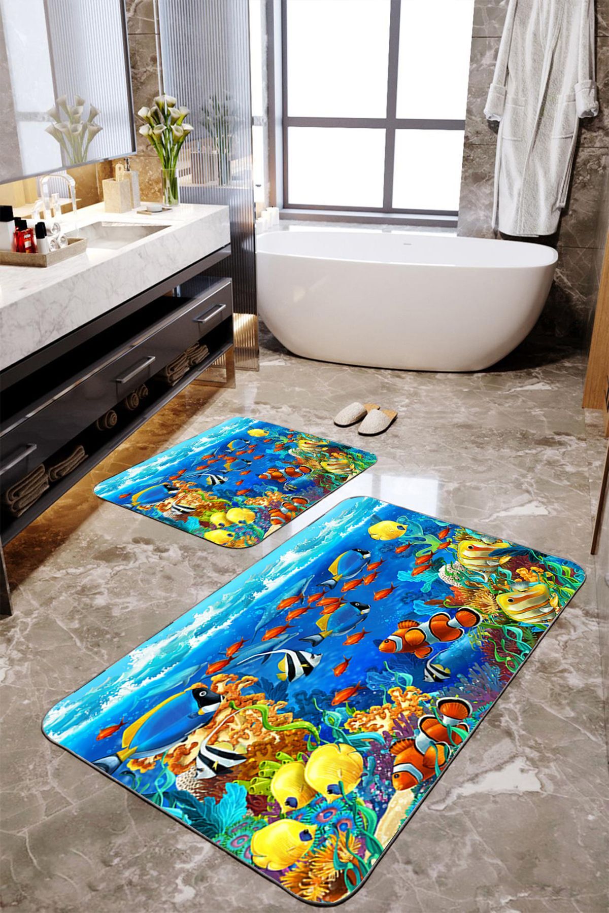 Blue Fish 2-Piece Large Bath Mat Set