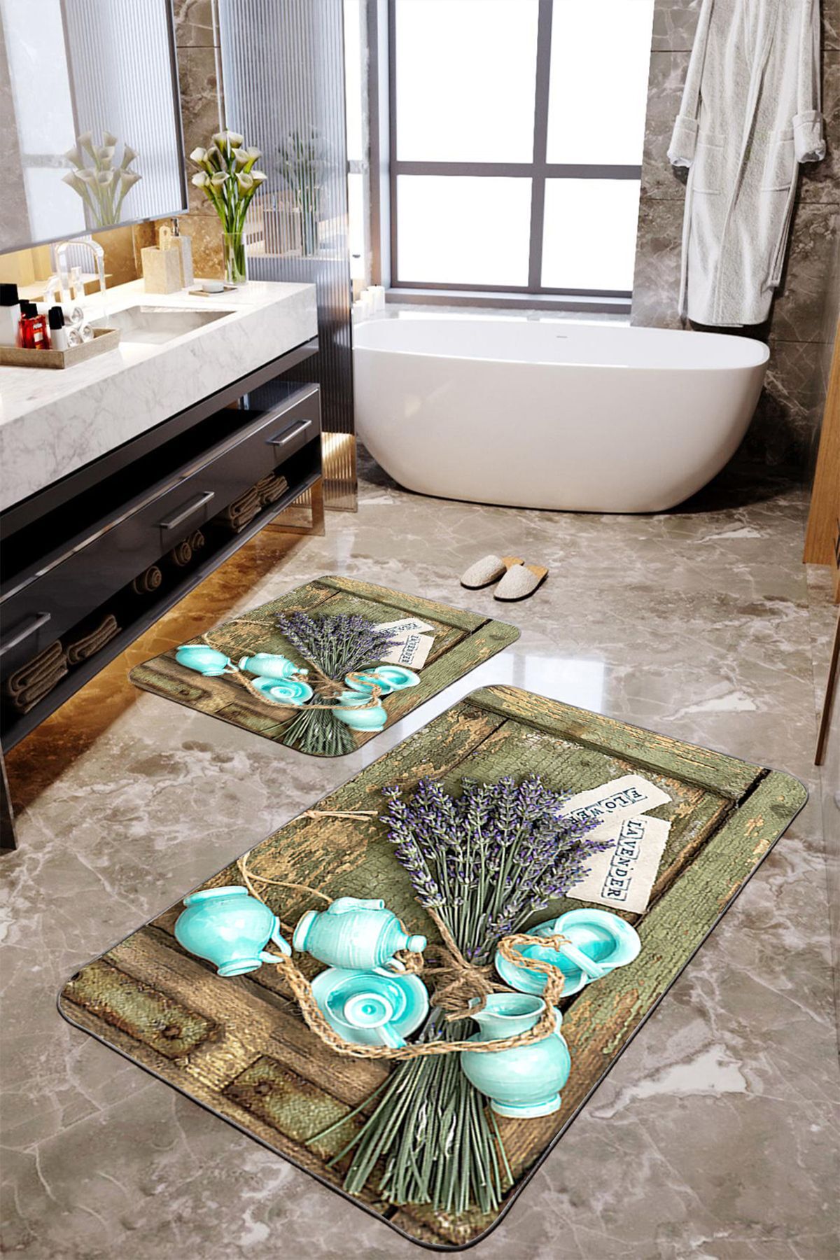 Lavender Patterned 2-Piece Large Bath Mat Set