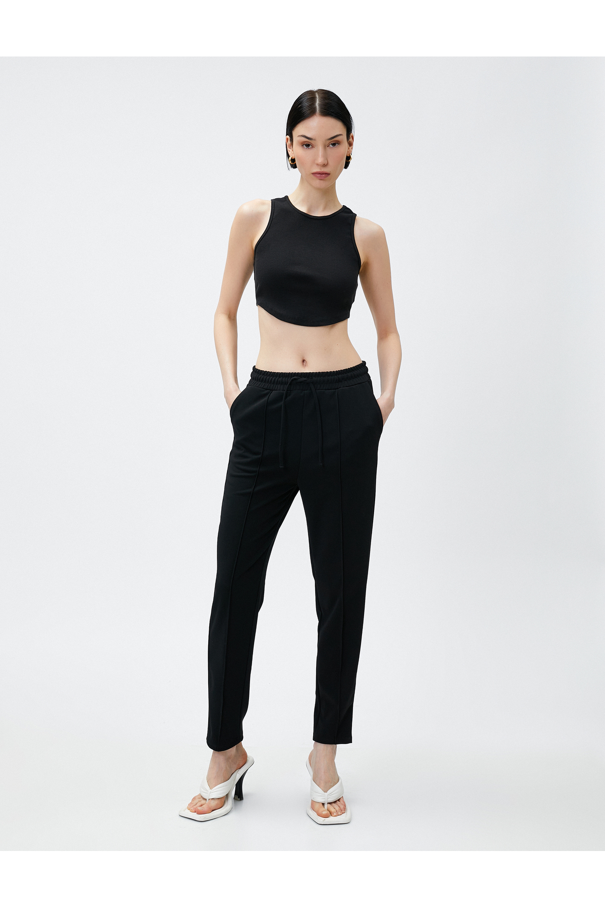 Skinny Leg Sweatpants Ribbed Tie Waist