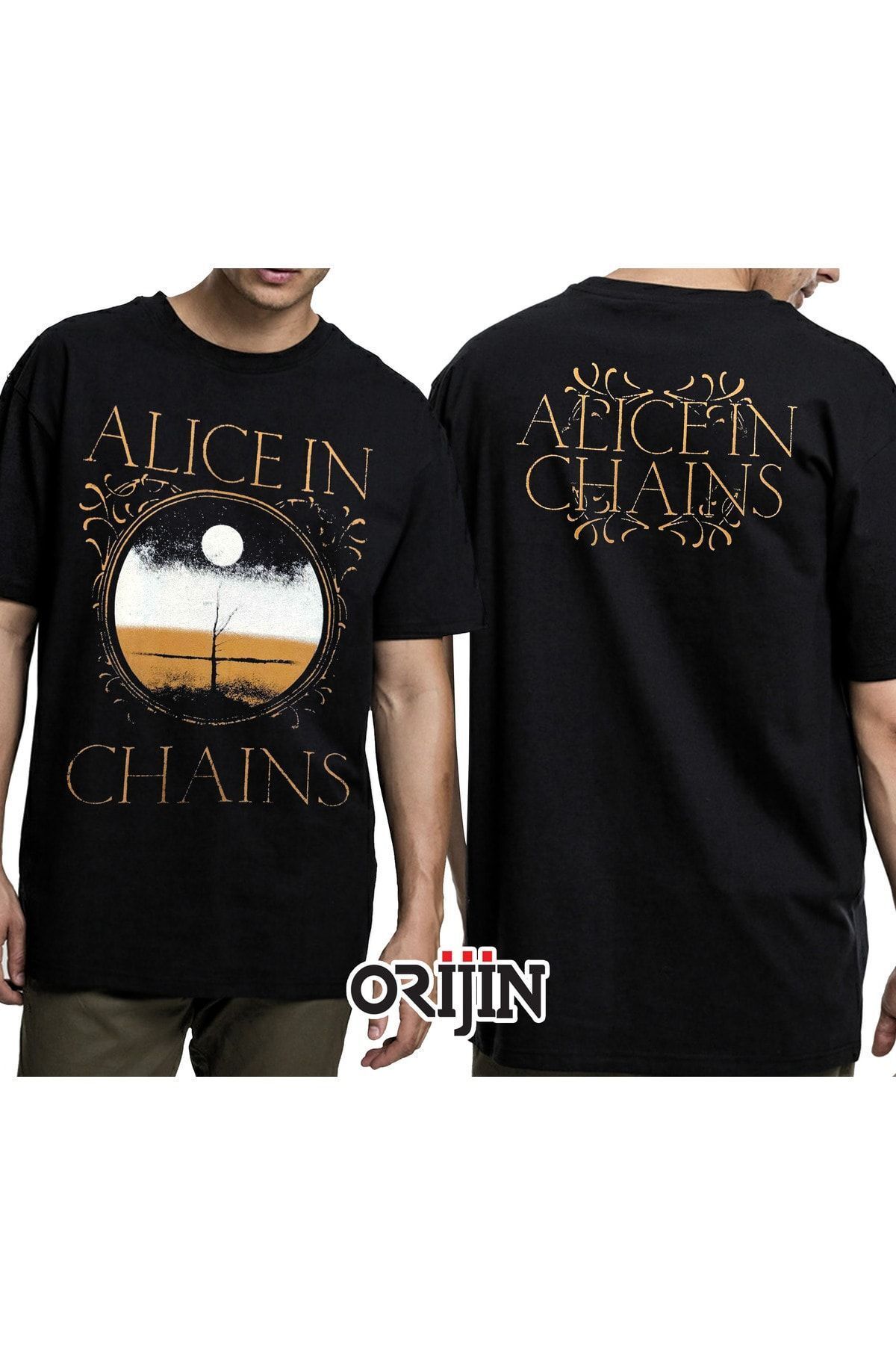 Orijin Tekstil Alice in Chains Moon Tree Front Back Printed Unisex Black T shirt Trendyol