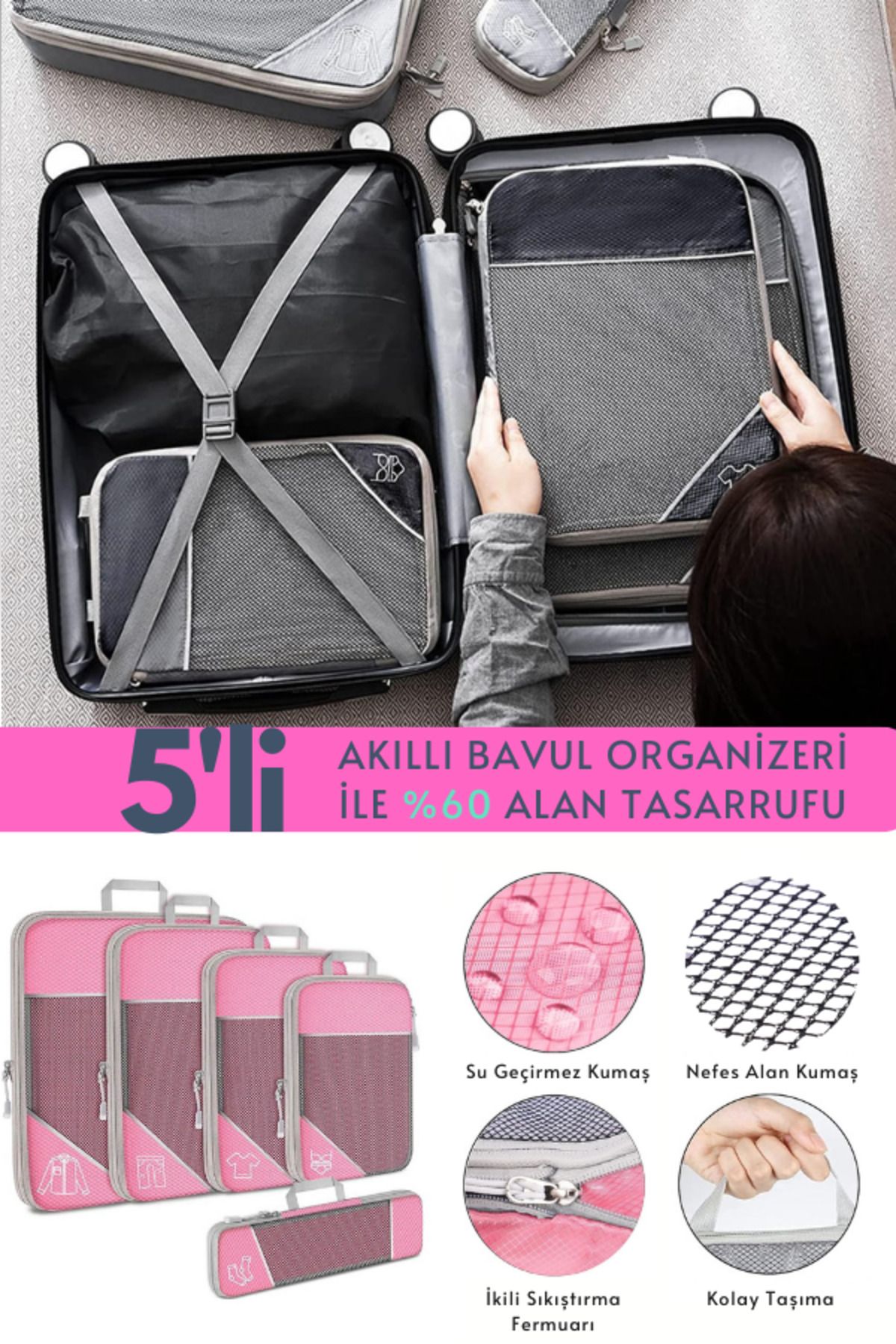 ZENİTH-Set of 5 Pink and Travel Compressible Zippered Smart Suitcase Organizer 1