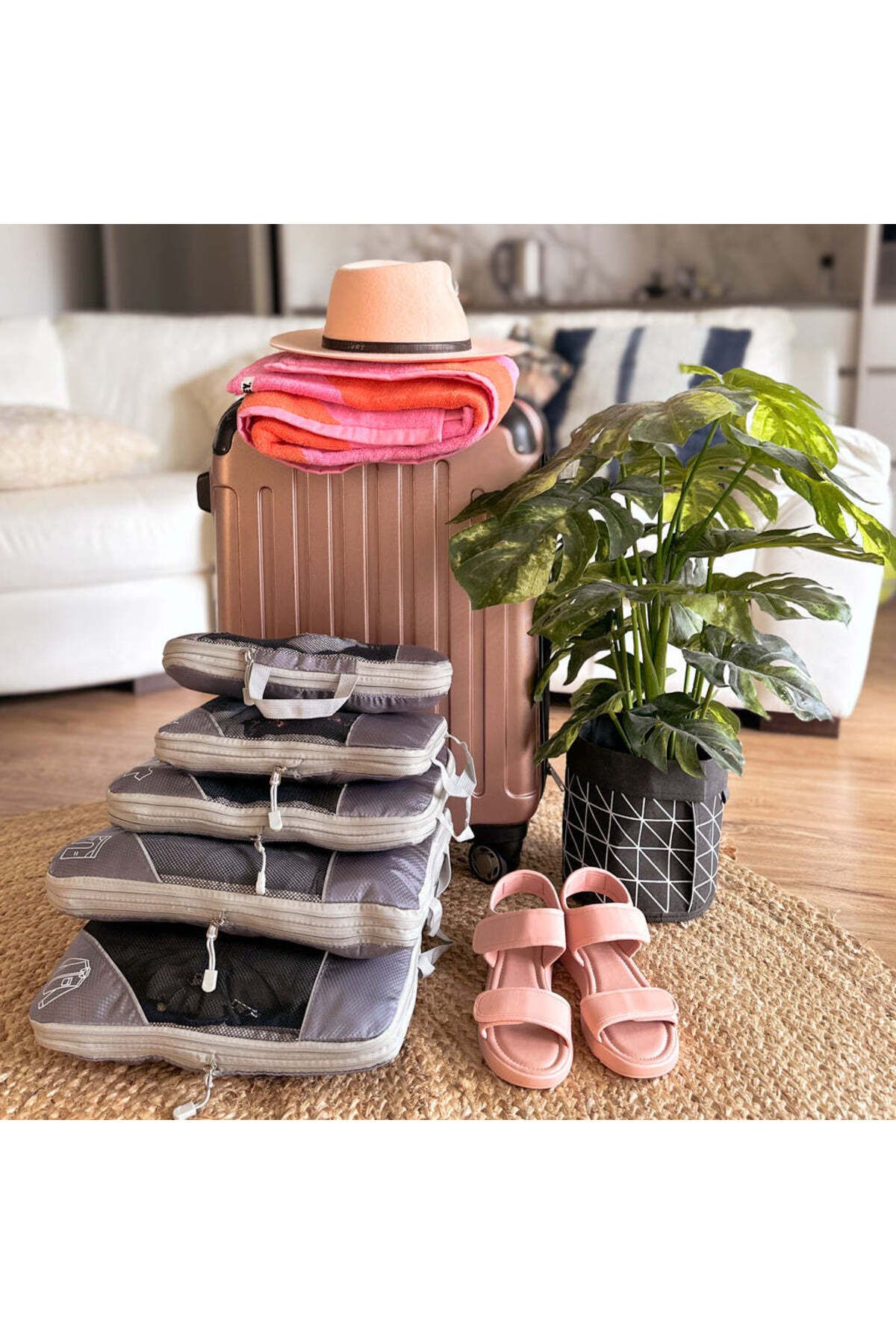 ZENİTH-Set of 5 Pink and Travel Compressible Zippered Smart Suitcase Organizer 6
