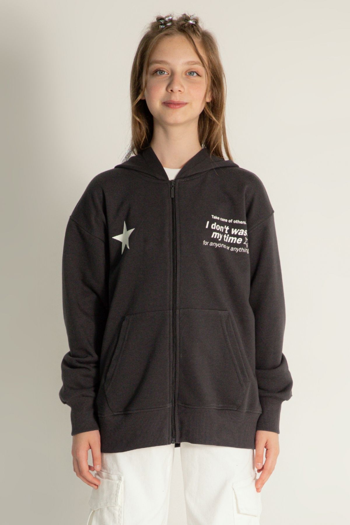 DMB BOYS & GIRLS Kapüşonlu Önü ve Arkası Baskılı Fermuarlı Sweatshirt Kız Çocuk Oversize Hırka