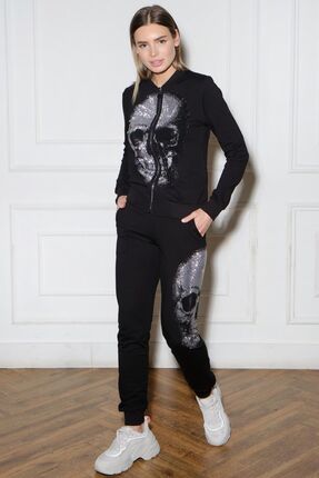 RICH GLAM Büyük Beden Siyah Kurukafa Crystal Taşlı Fermuarlı Plus Size Kadın ...