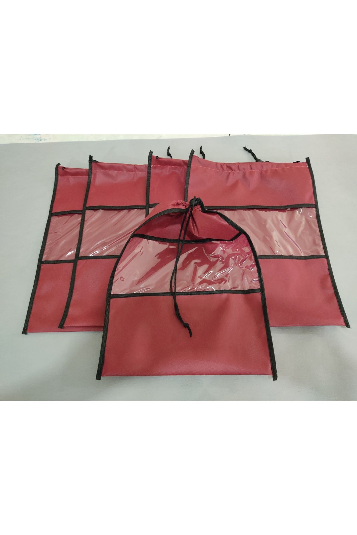 Ayakkabı torbası, Şeffaf Pencereli, saklama, koruyucu kılıf, seyahat için çamaşır torbası 5 ad., Bordo Renk