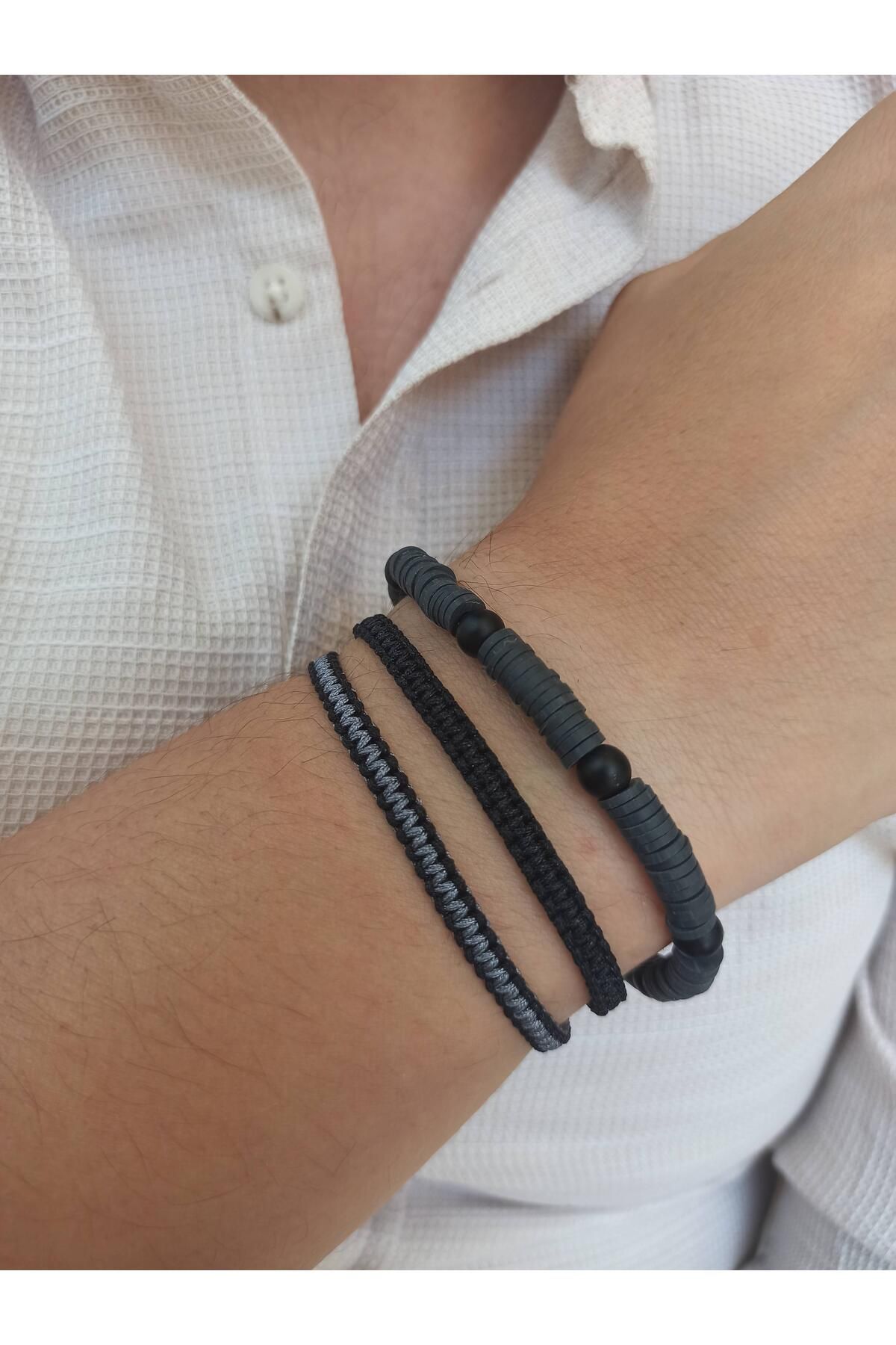 TREND-Men's Bracelet Combination Set of 3 - Knitted Macrame, String Onyx Stone Fimo Gift 1