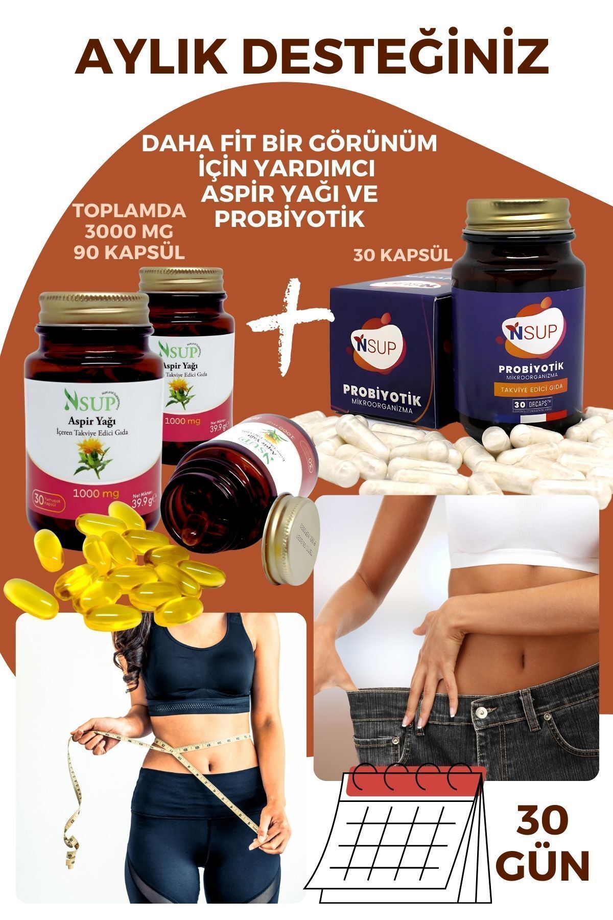 NSUP 3000 mg Aspir Yağı ve Probiyotik Destek Paketi Daha Fit Bir Görünüm 90 Kapsül + 30 Adet Probiyotik