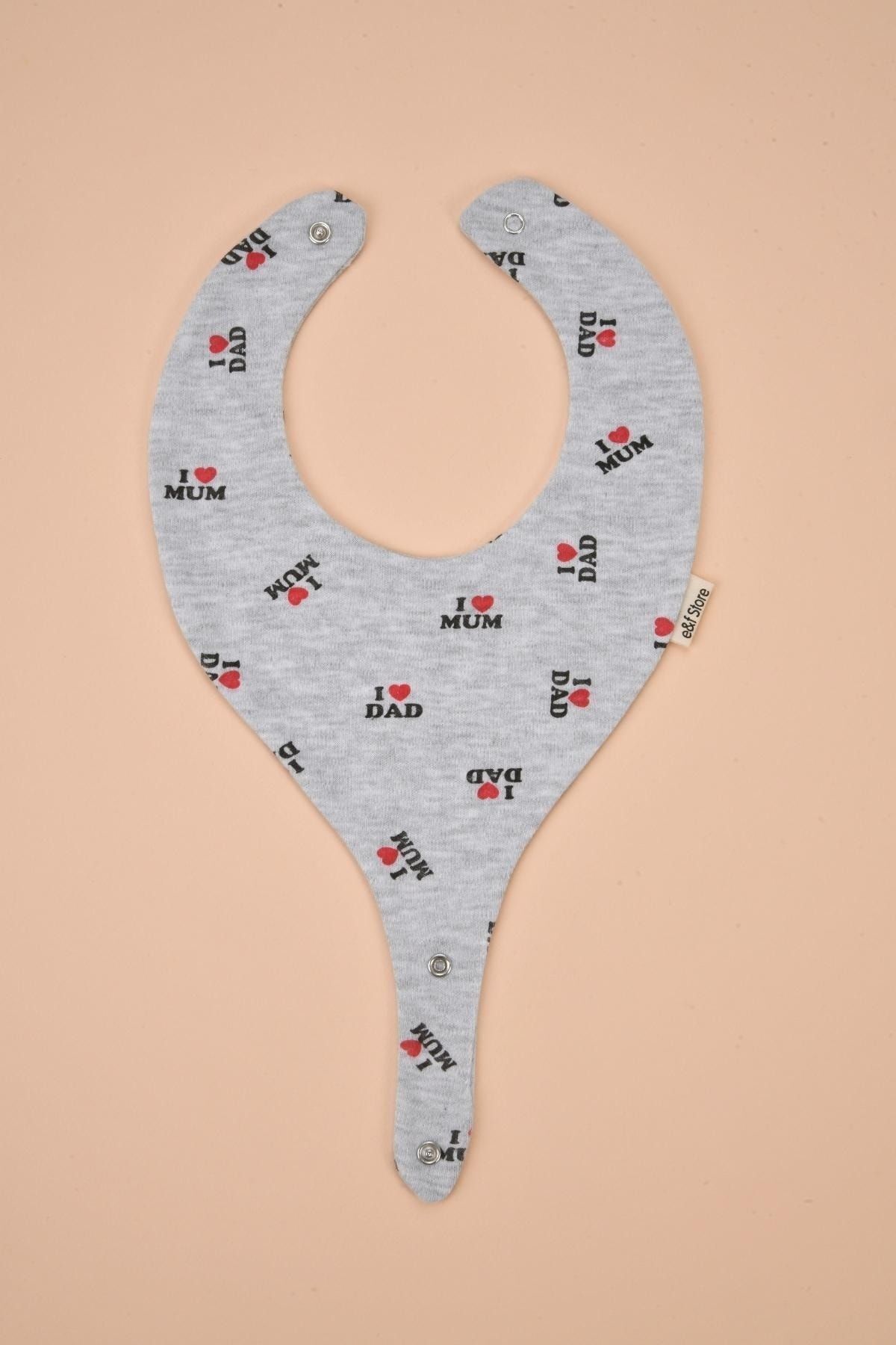 e&f Store Emzik Tutucu Mama Önlüğü - I Love Dad I Love Mom Desenli Gri Pamuk Kumaş fotoğrafı 4 (önizleme)