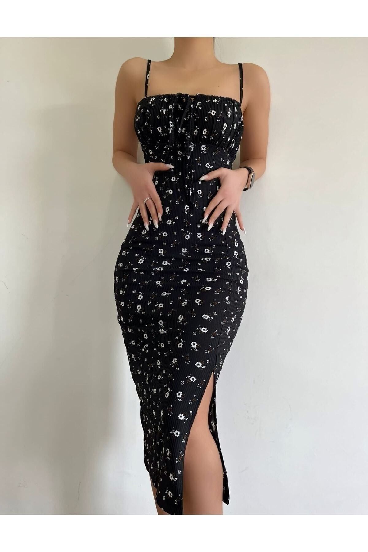 CİZA MODA Καθημερινό μακρύ φόρεμα με φλοράλ στάμπα με λουράκι με σκίσιμο στη φούστα