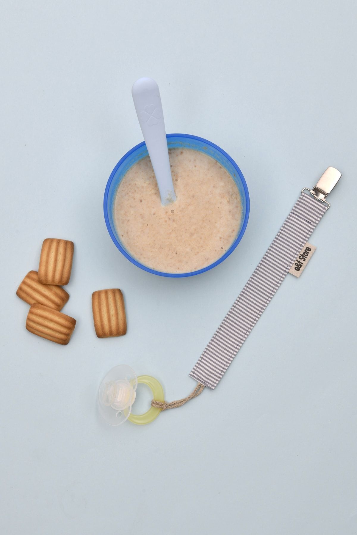 e&f Store Üçgen Pamuklu Mama Önlüğü Ve %100 Pamuk Gri Beyaz Çizgili Emzik Askısı Seti fotoğrafı 4 (önizleme)