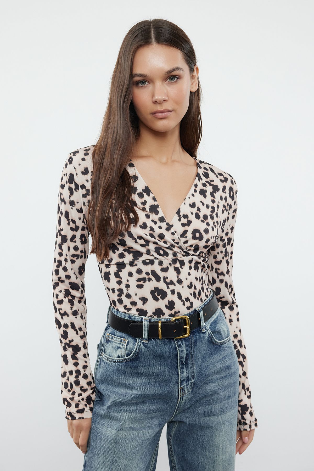 Trendyol Collection Elastyczne Brązowe Body Z Podwójnymi Piersiami W Panterkę - Dopasowujące Się Do Ciała, Kobieta - XS