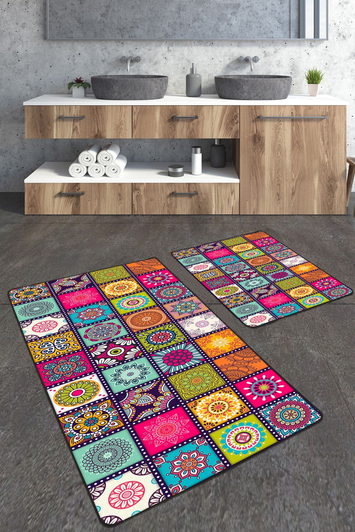 2-Piece Large Bathroom Mat Set with Patchwork Pattern