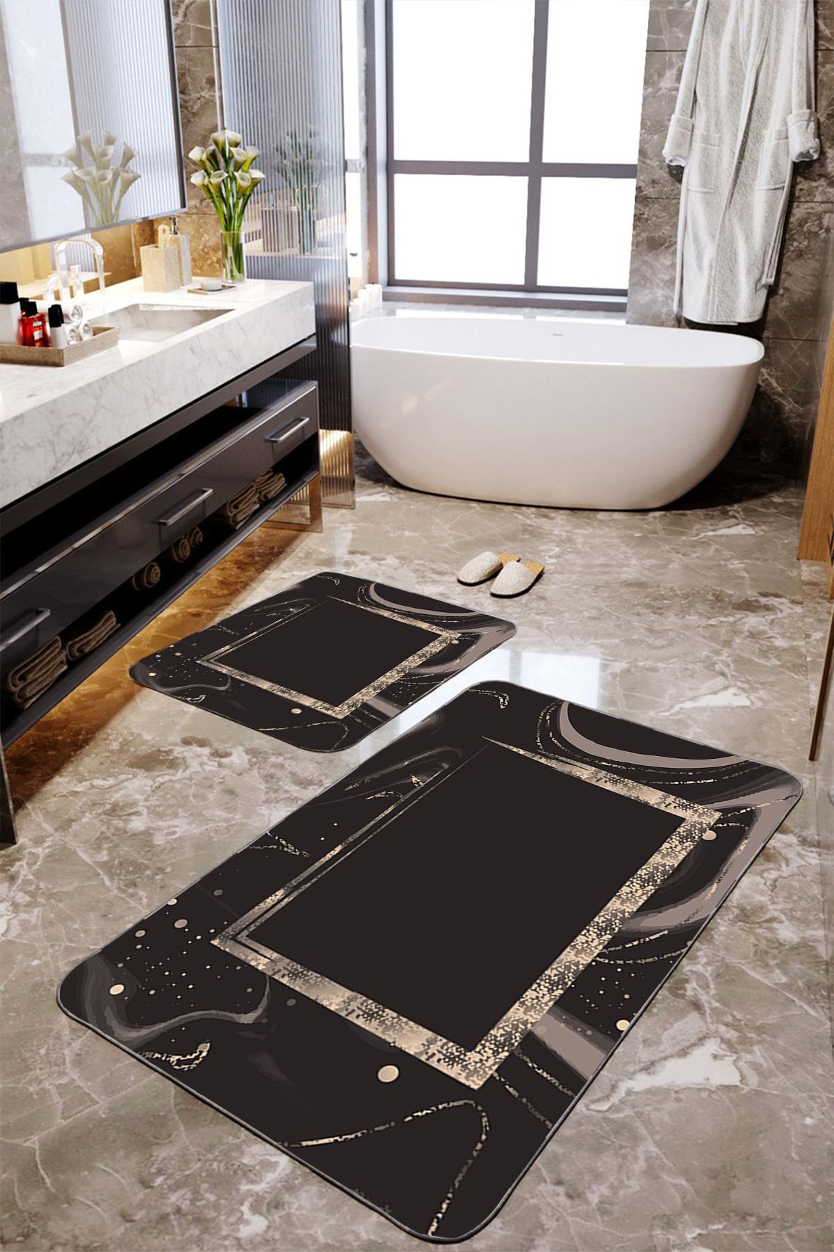 2-Piece Large Bathroom Mat Set with Frame on Brown Floor