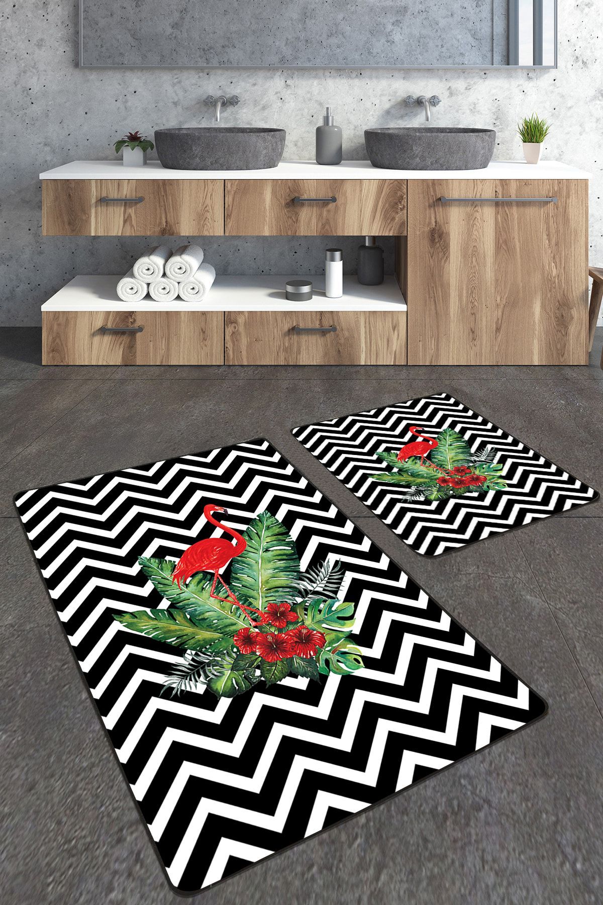 Zigzag Patterned Flamingo 2-Piece Large Bath Mat Set