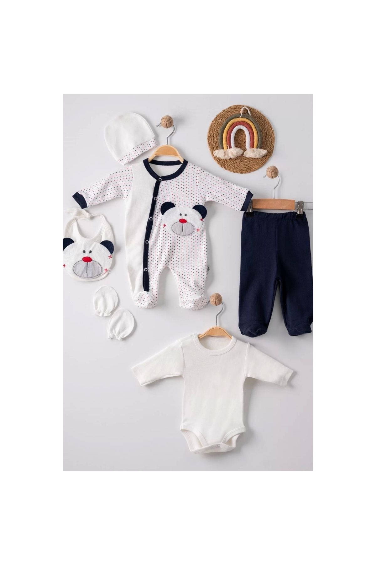Dotted Teddy Bear Embroidered Jumpsuit 100% Cotton Baby Boy Set of 5