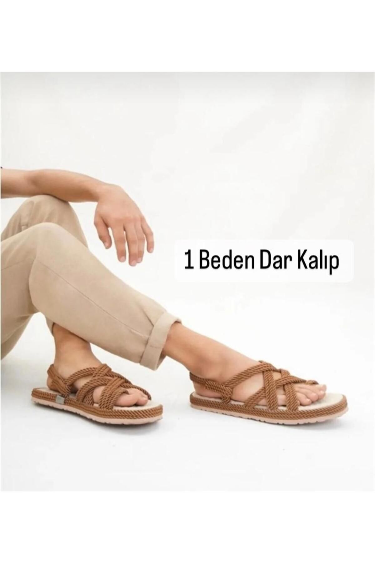 Pinkada Unisex Taba Halat Ipli Yüksek Taban Hasır Sandalet - 1 Beden Büyük Almanız Önerilir