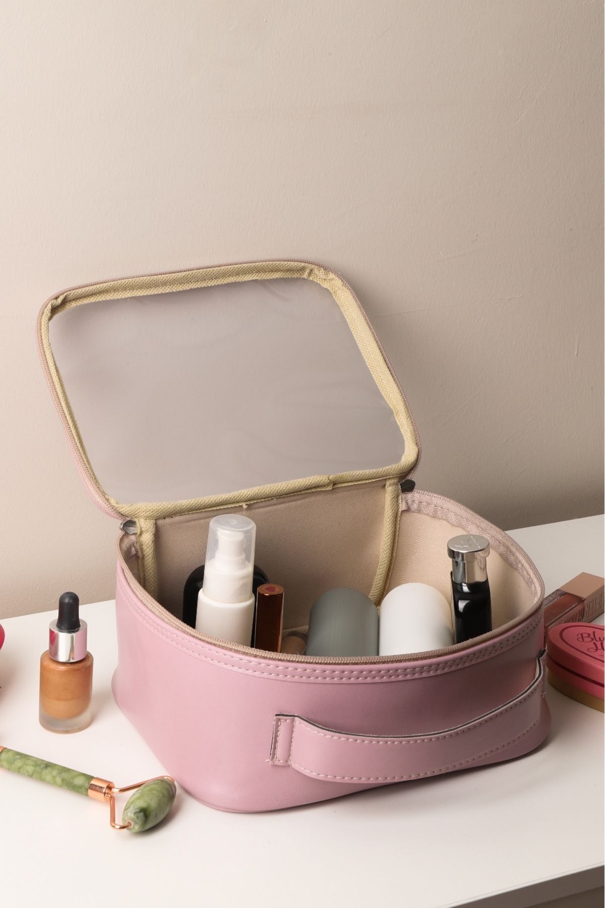 Arnee Women's Lilac Leather Transparent Cosmetic Bag Travel Makeup