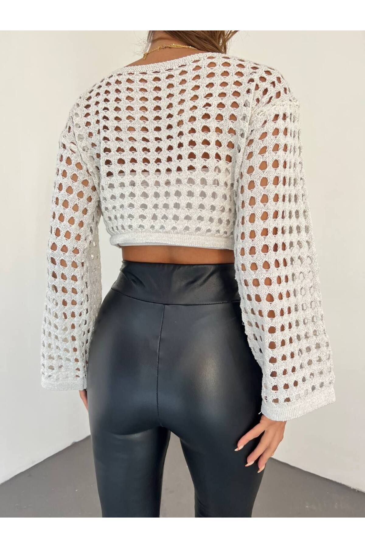 bi cooll-Perforated Mesh Crop Blouse,Mesh Mesh Blouse,Cream Color Mesh Mesh Crop,Lots of Sleeves Short Perforated Mesh Sweater 2