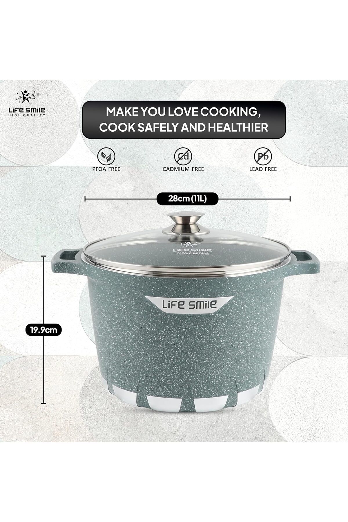 Lifesmile-Granite Deep Cooking Pot With Glass Lid Fixed Handle Non-Stick Granite Coating 28CM (11 Liters) 5