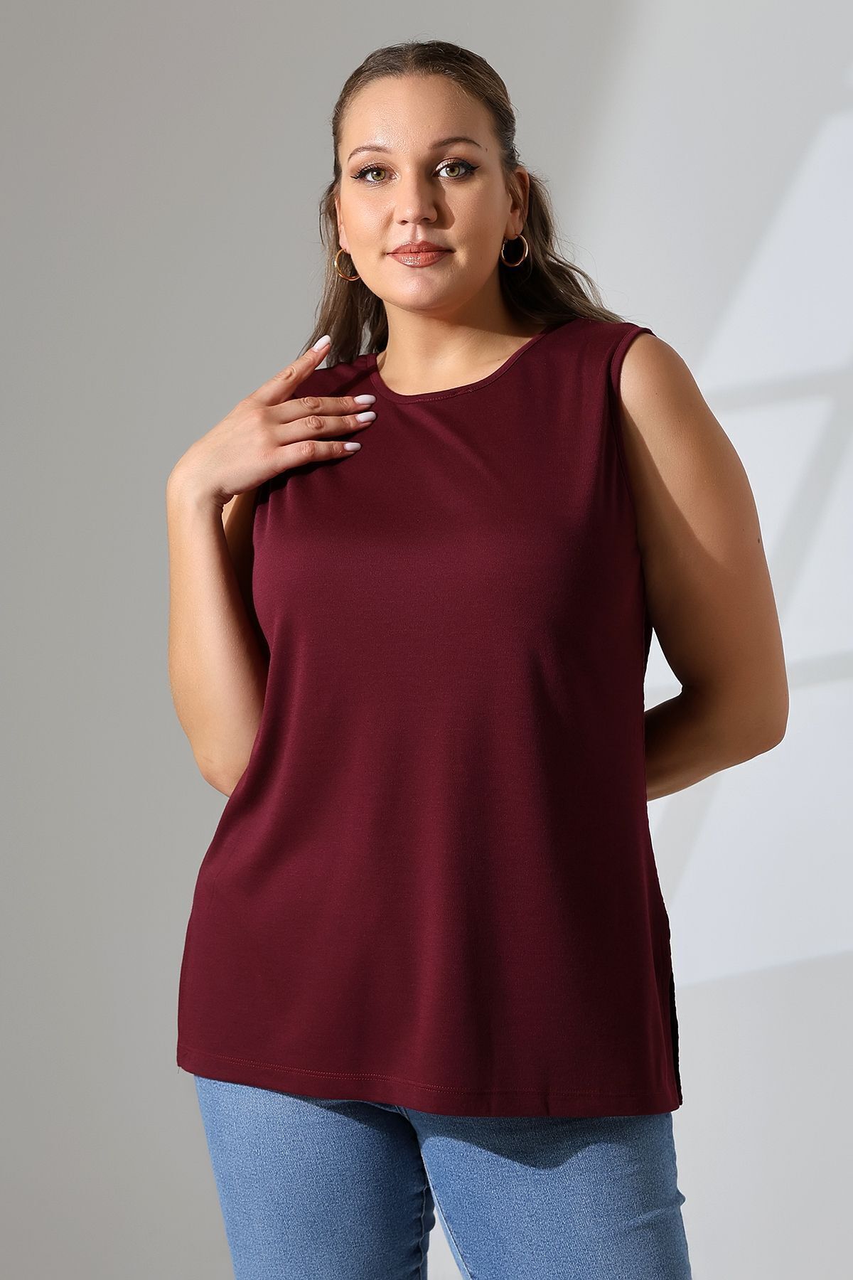 Şiir-Claret Red Jaspers Women's Blouse - Side Slit and Devore Detail, Plus Size, Front/Back Use 4