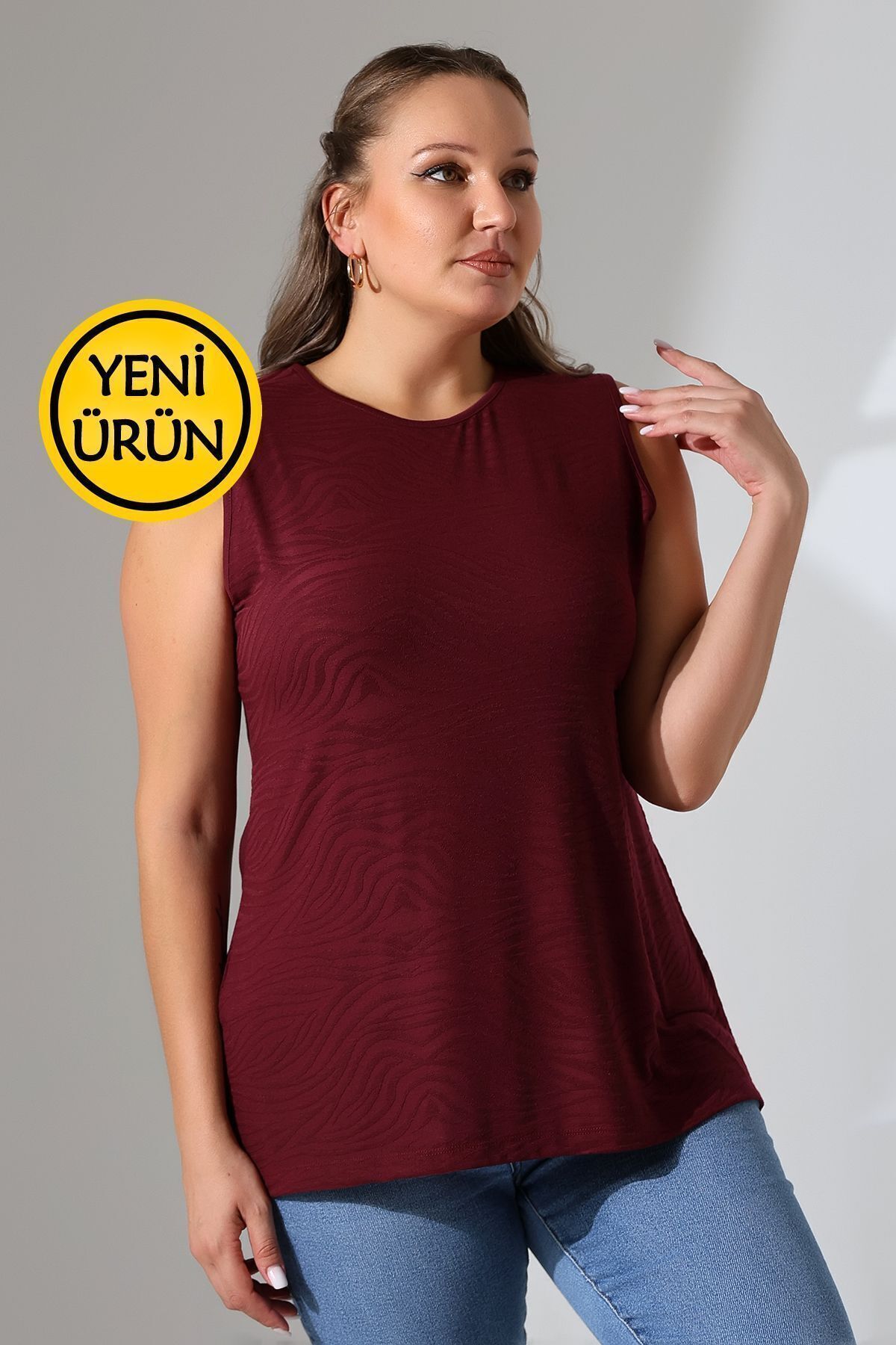 Şiir-Claret Red Jaspers Women's Blouse - Side Slit and Devore Detail, Plus Size, Front/Back Use 1