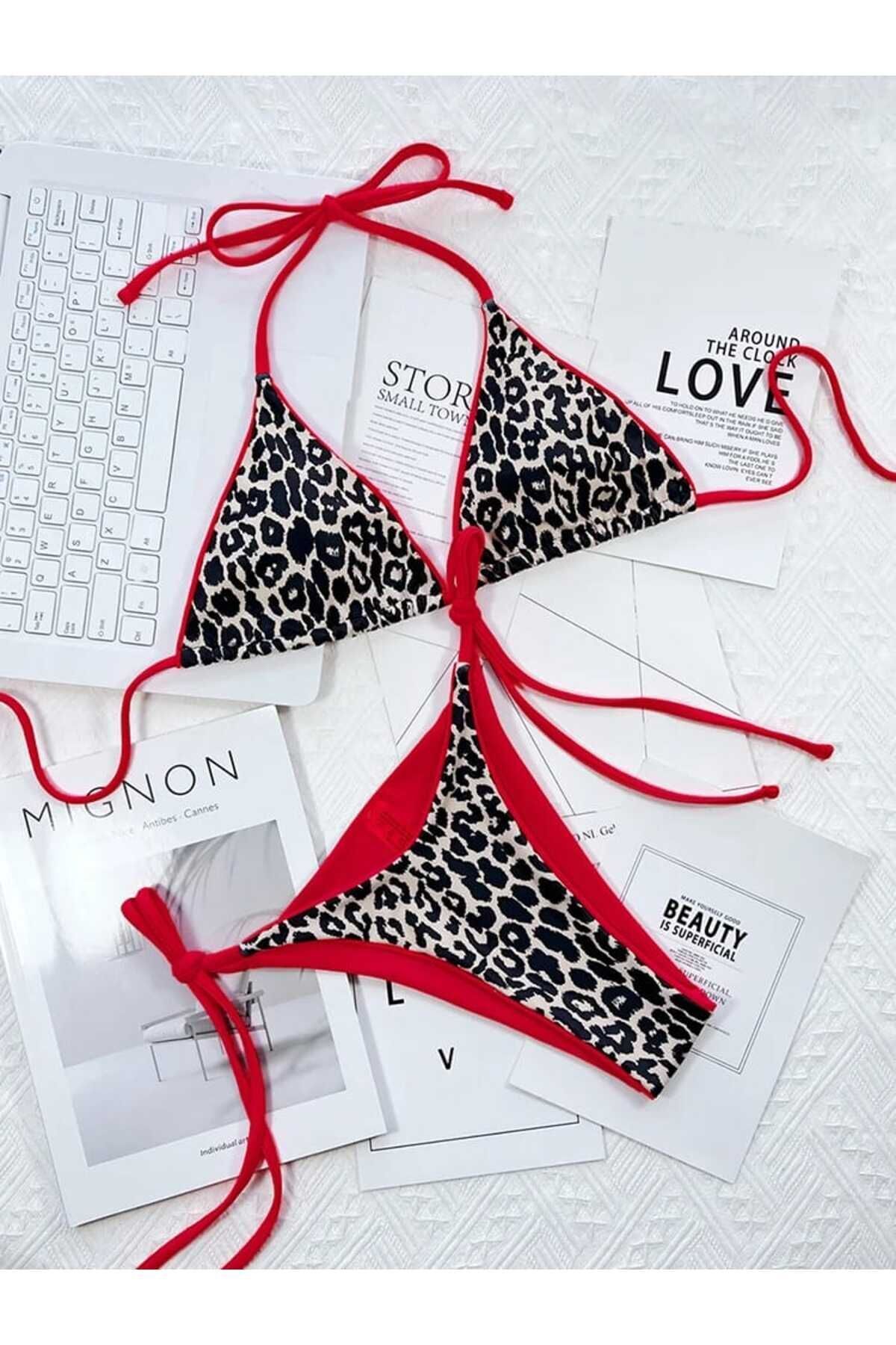 nuriçgiyim-Red stringed leopard print bikini set 2