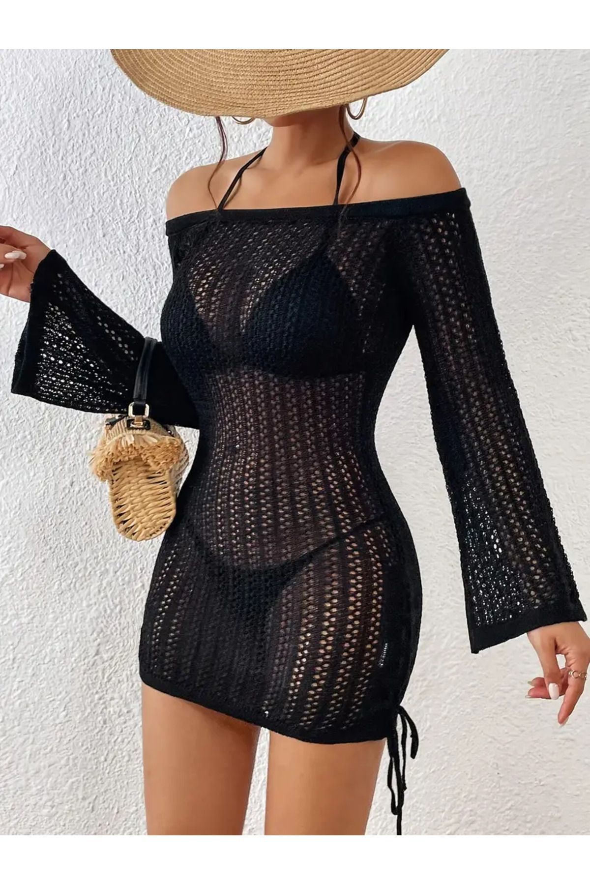 NİLZA Örme Pamuk Uzun Kollu Pareo Plaj Elbisesi Kimono Kaftan