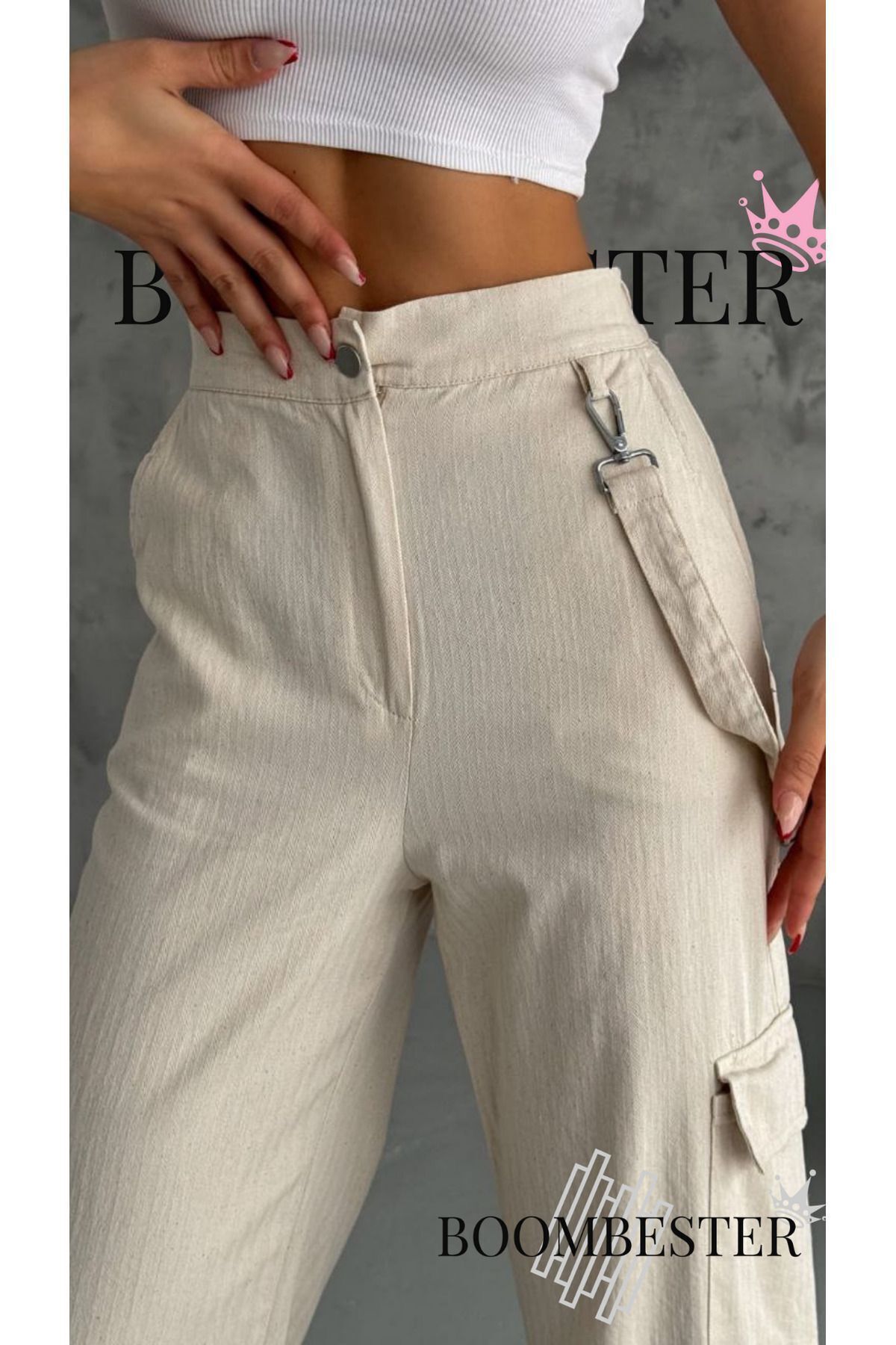 Women's Beige Linen Cargo Pocket High Waist Pants