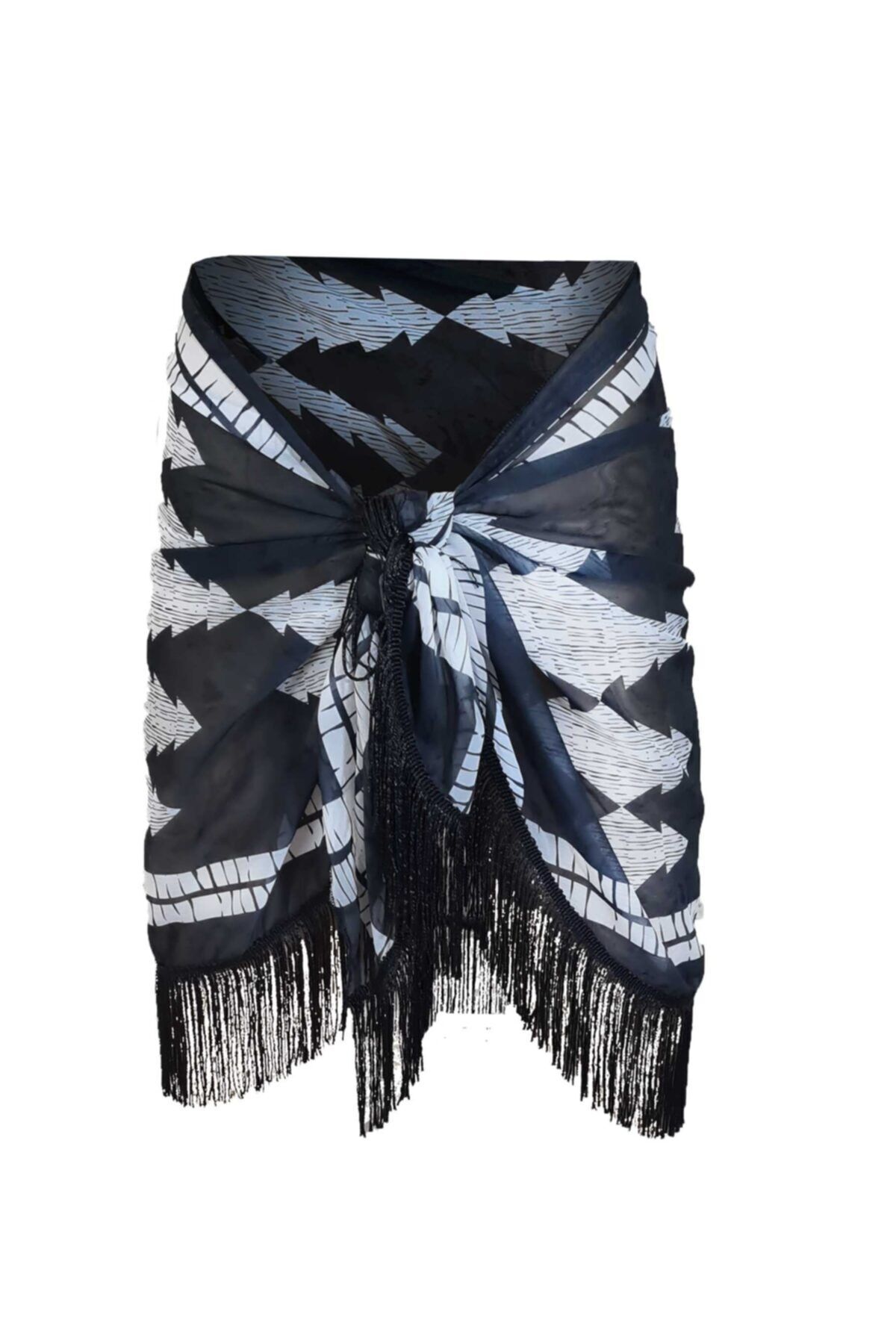 Bolder Kadın Püsküllü Siyah Geometrik Desen Pareo