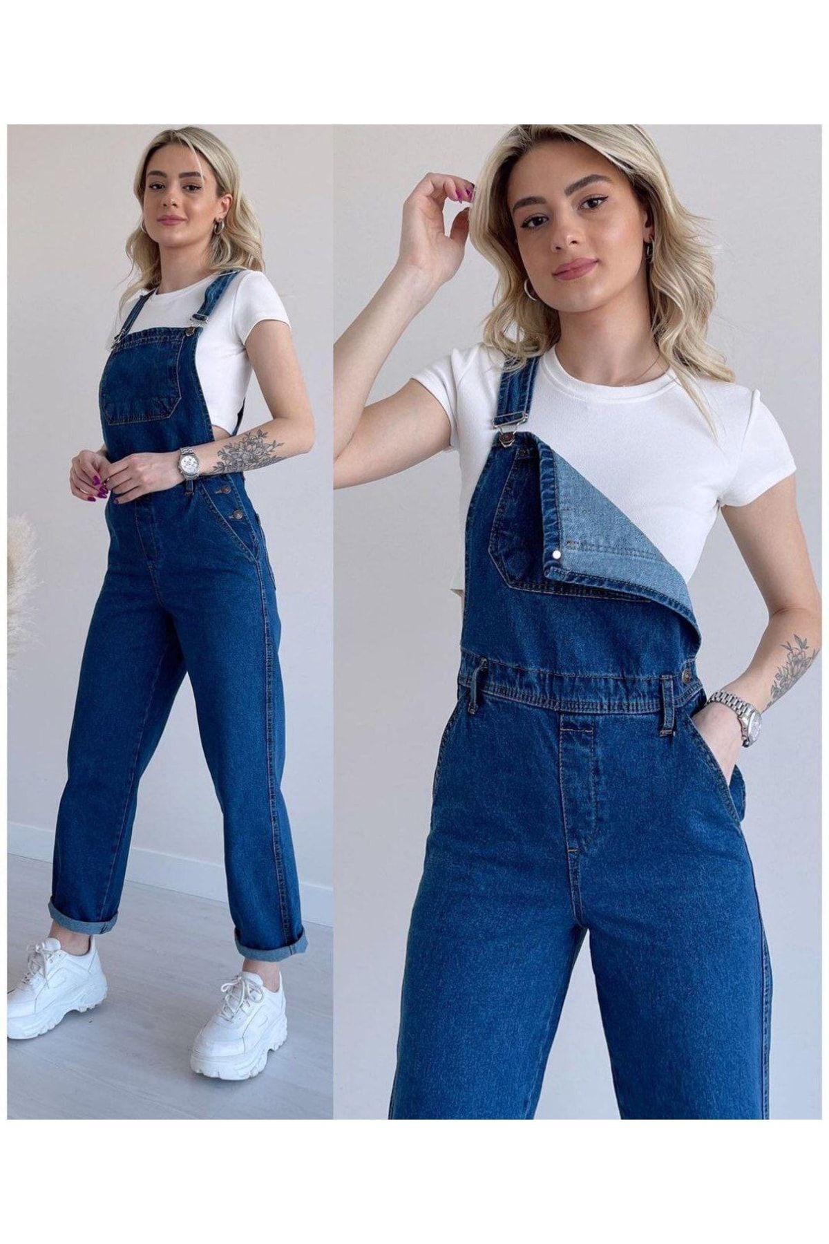 BelezaStore Kot Tulum Bahçıvan Salopet Koyu Mavi Uzun Denim Salopet