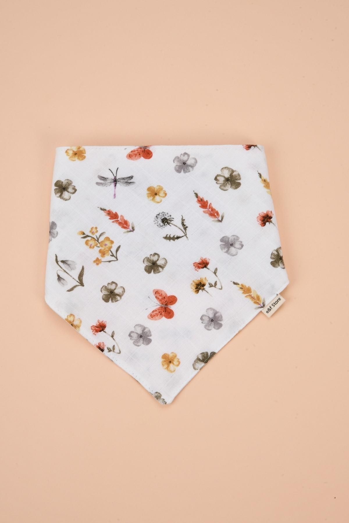 e&f Store Organik Sertifikalı Çift Katlı Müslin Kumaş - Iki Çıtçıtlı Bebek Salya Önlük / Fular - Çiçek Desenli