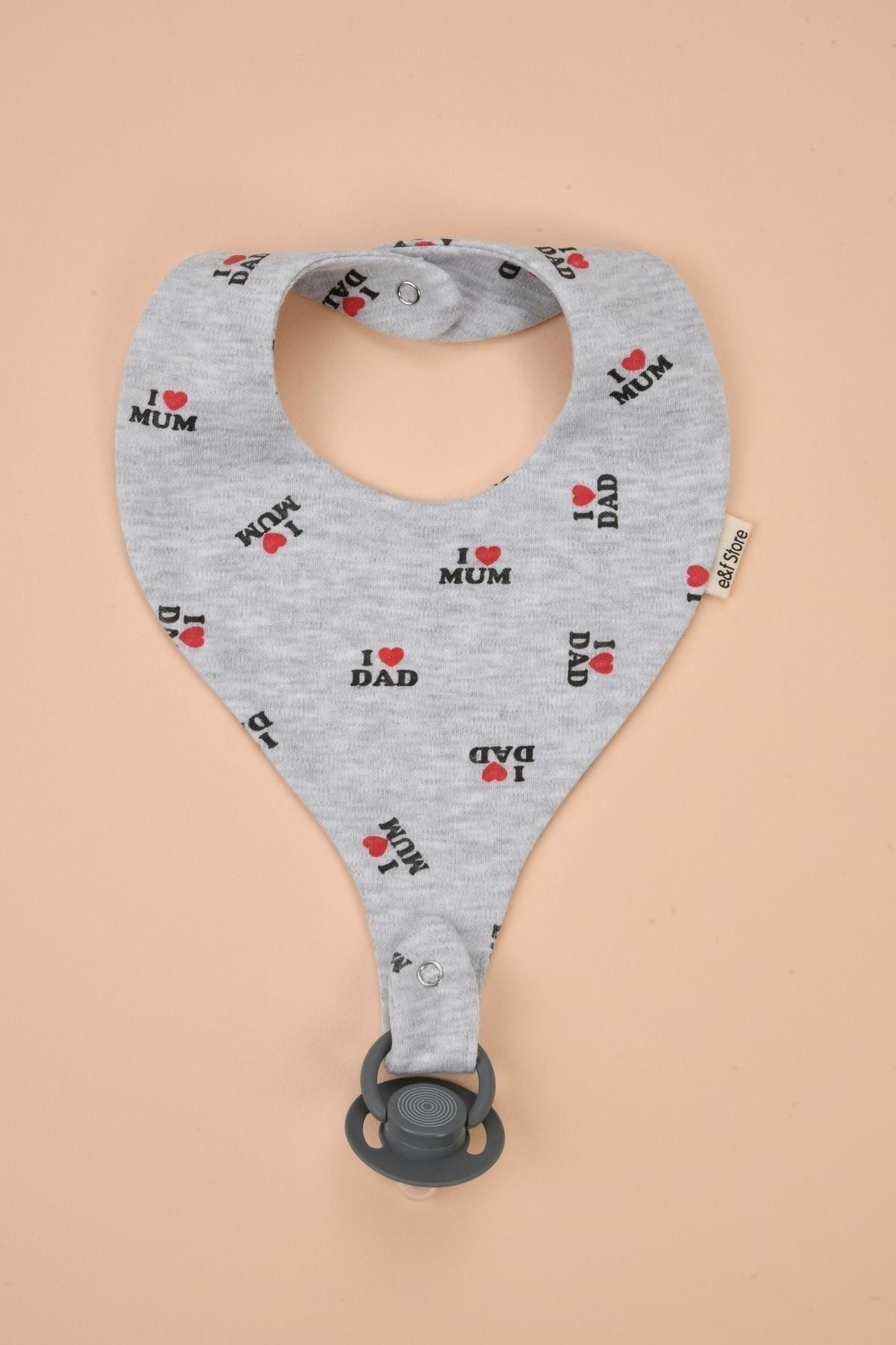 e&f Store Emzik Tutucu Mama Önlüğü - I Love Dad I Love Mom Desenli Gri Pamuk Kumaş fotoğrafı 2 (önizleme)